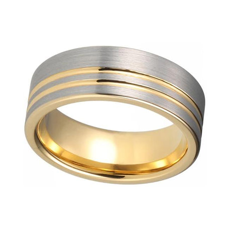 Yellow Gold Tungsten Ring with Offset Double Grooves and Silver Polished Finish for Men and Women