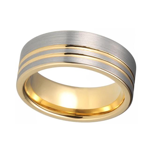 Yellow Gold Wedding Band with Double Grooves and Silver Polished Finish