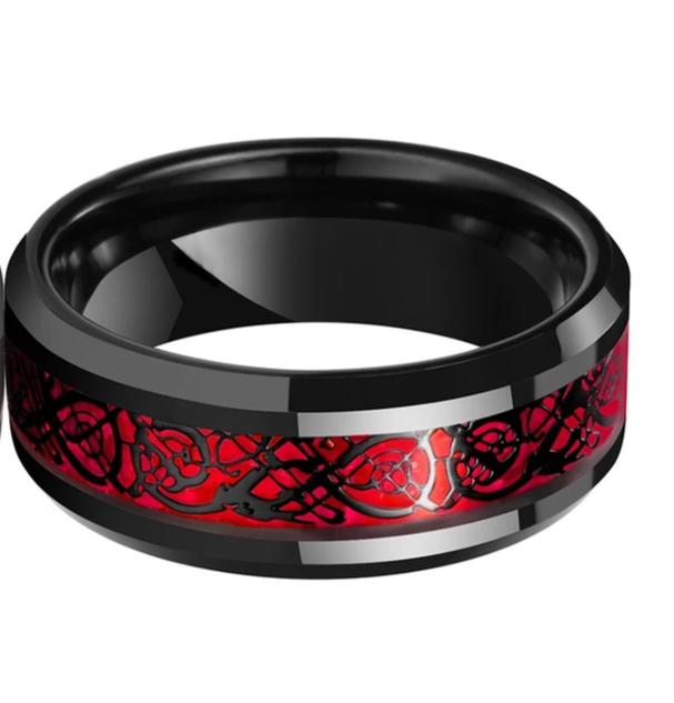 Black Celtic Dragon Wedding Band with Red Carbon Fiber Inlay