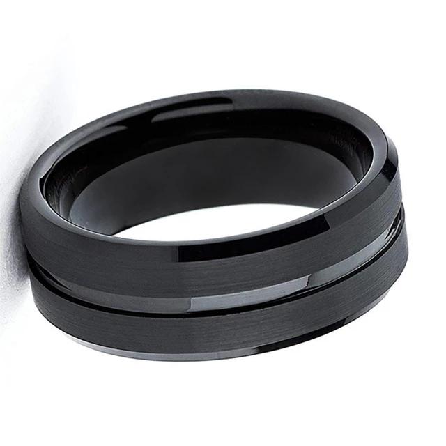 Black Center Grooved Wedding Band with Brushed Finish