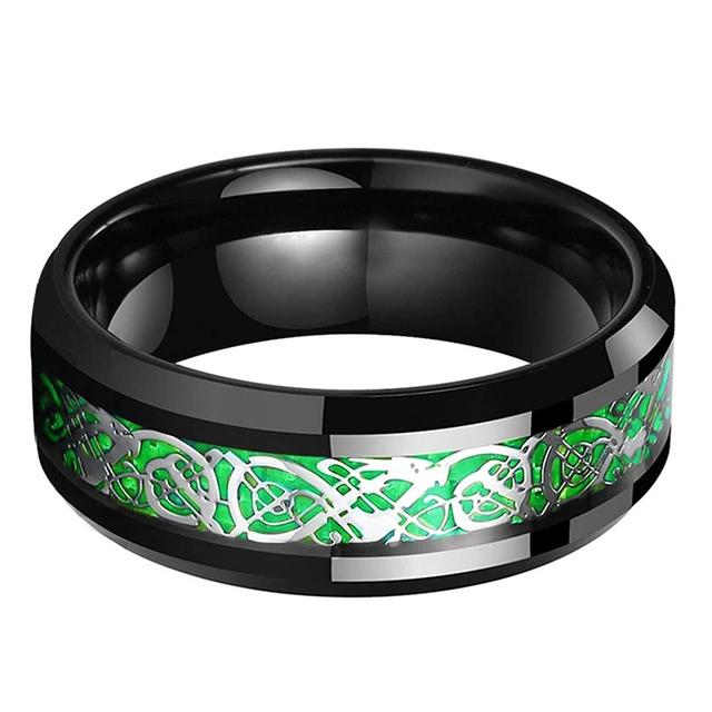 Black Celtic Dragon Wedding Band with Green Carbon Fiber Inlay