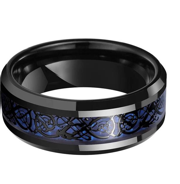 8mm Black Celtic Dragon Tungsten Ring with Blue Carbon Fiber Inlay
