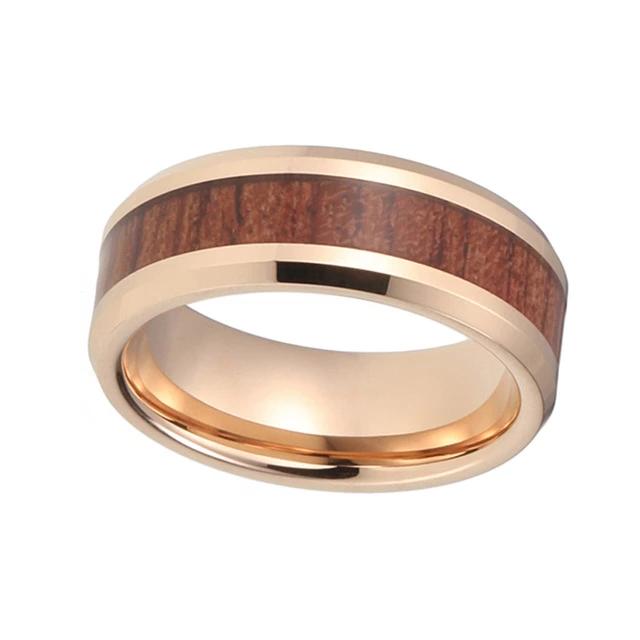 Rose Gold Tungsten Ring with Koa Wood Inlay for Men and Women – OP