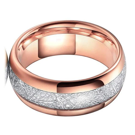 Rose Gold Tungsten Ring with White Meteorite Inlay for Men and Women