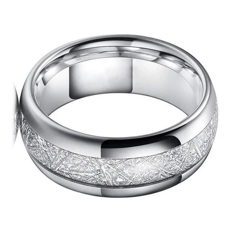 Silver Tungsten Ring with White Meteorite Inlay for Men and Women