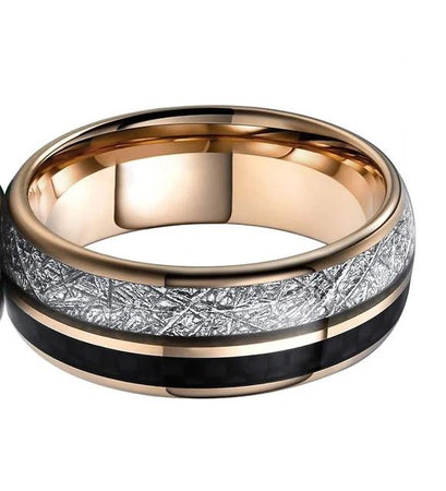 Rose Gold Tungsten Ring with White Meteorite and Black Carbon Fiber Inlay for Men and Women