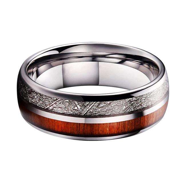 Silver Wedding Band with White Meteorite and Red Wood Inlay