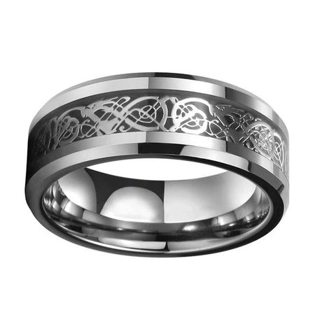 8mm Silver Celtic Dragon Tungsten Ring with Black Carbon Fiber Inlay for Men and Women