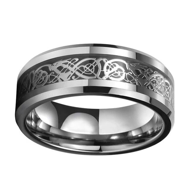 Silver Celtic Dragon Wedding Band with Black Carbon Fiber Inlay