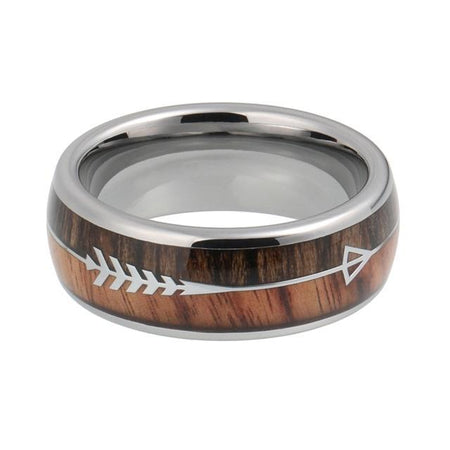 Silver Tungsten Ring with Koa Wood Inlay and Arrow for Men and Women