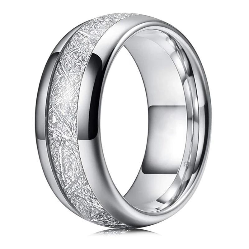 Silver Tungsten Ring with White Meteorite Inlay