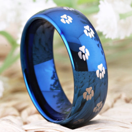 Dog Foot Paw Design Blue Tungsten Ring in 8mm Width