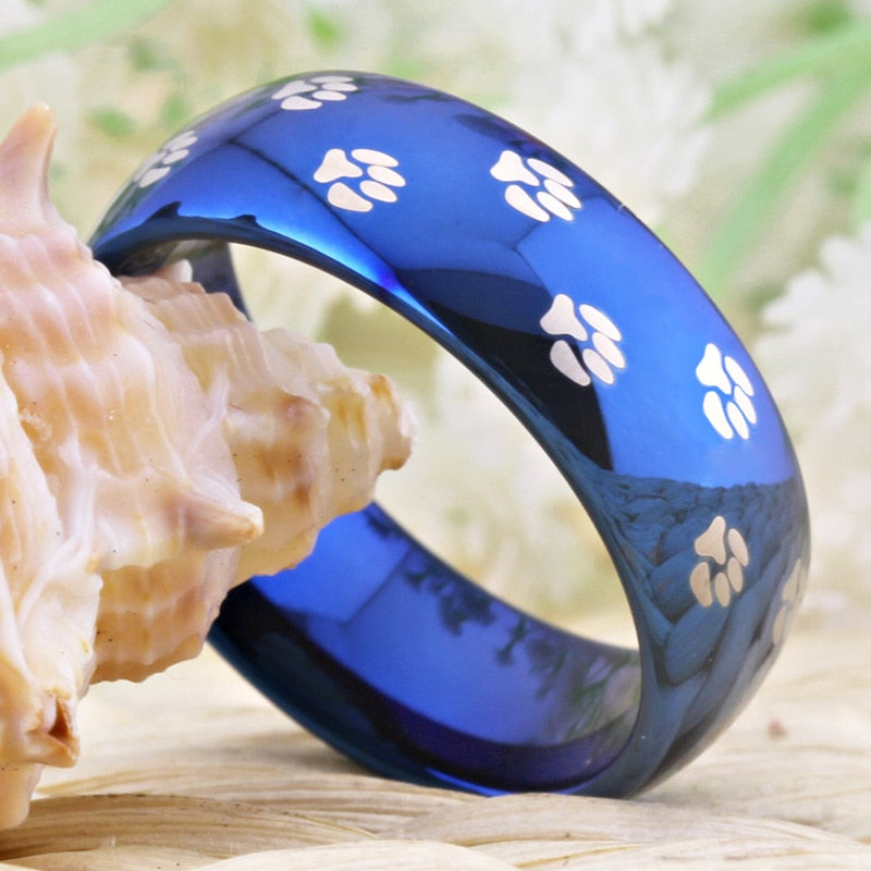 Dog Foot Paw Design Blue Tungsten Ring in 8mm Width