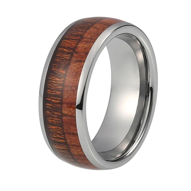 Silver Tungsten Ring with Koa Wood Inlay and Shiny Edges