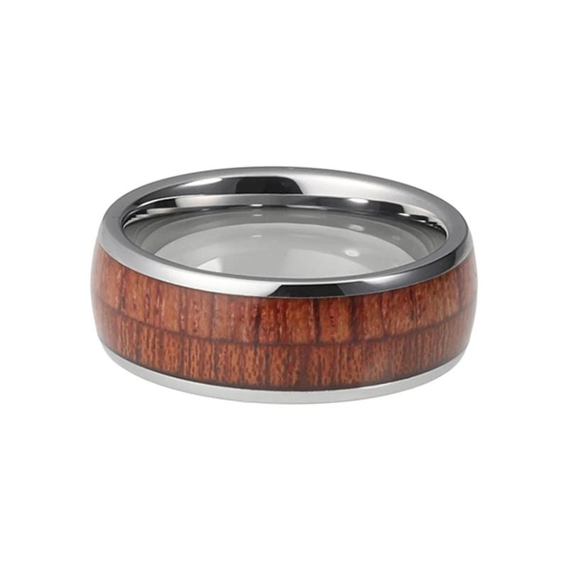 Silver Wedding Band with Koa Wood Inlay and Shiny Edges