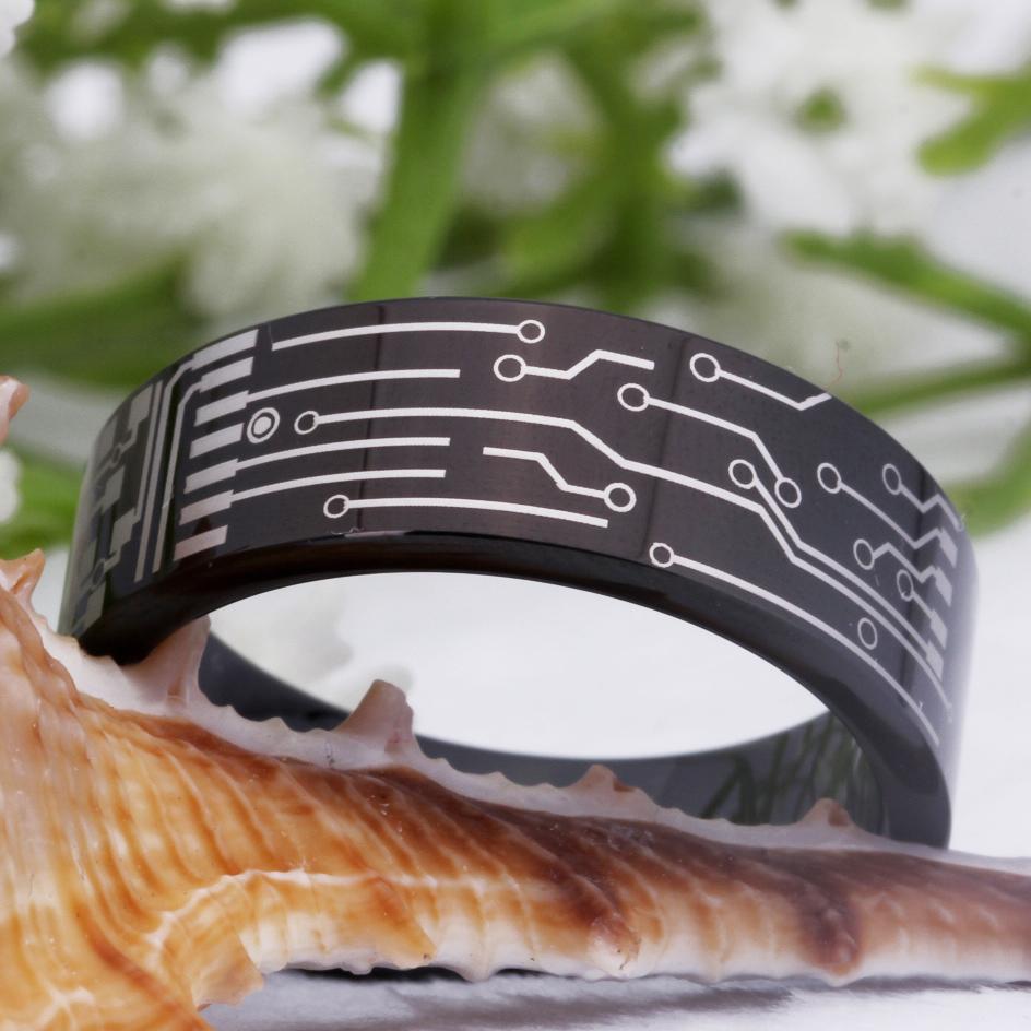 Black Circuit Board Design Wedding Band in 8mm Width