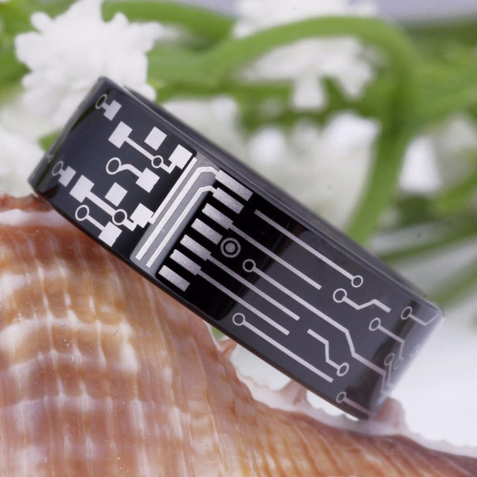 Black Circuit Board Design Tungsten Ring in 8mm Width