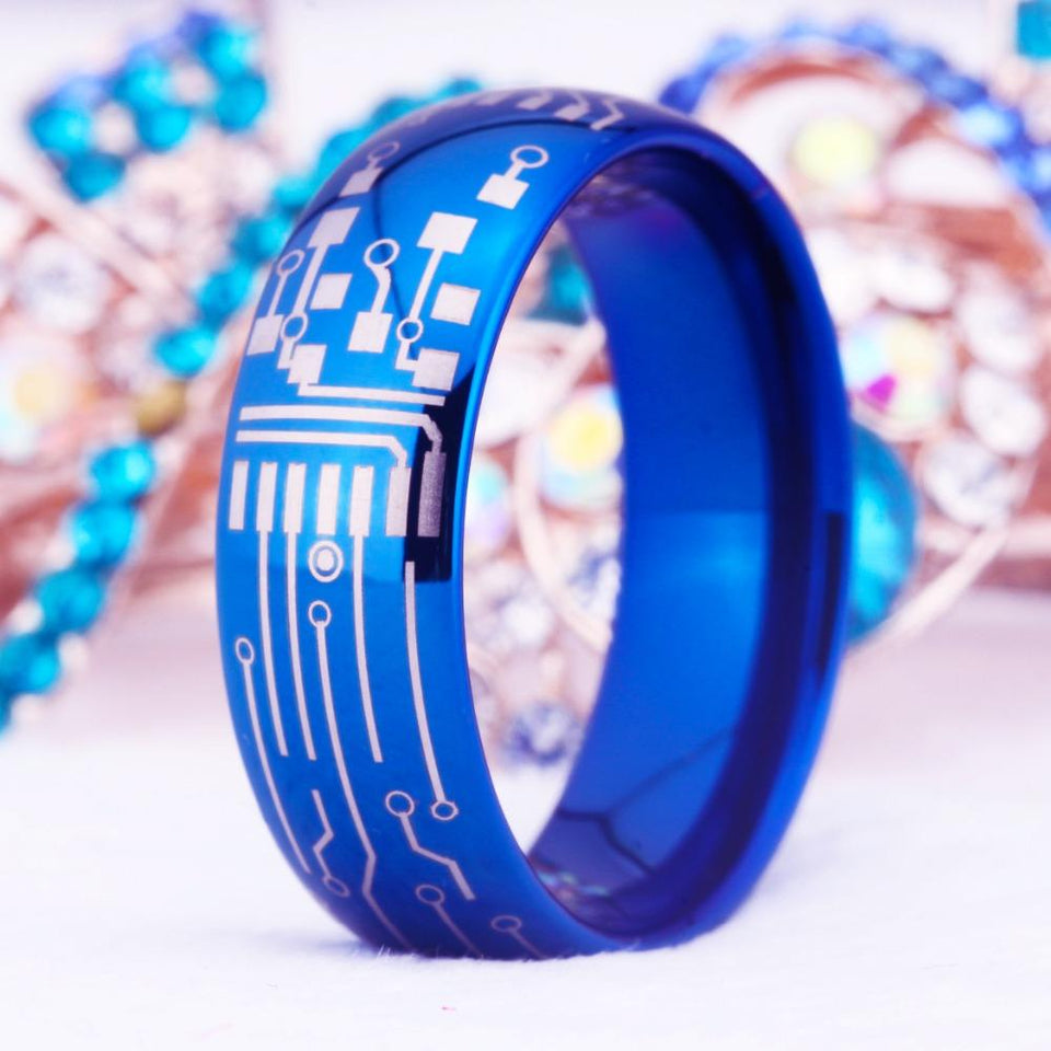 Blue Circuit Board Design Wedding Band