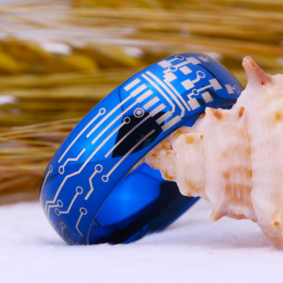 Blue Circuit Board Design Wedding Band in 8mm Width