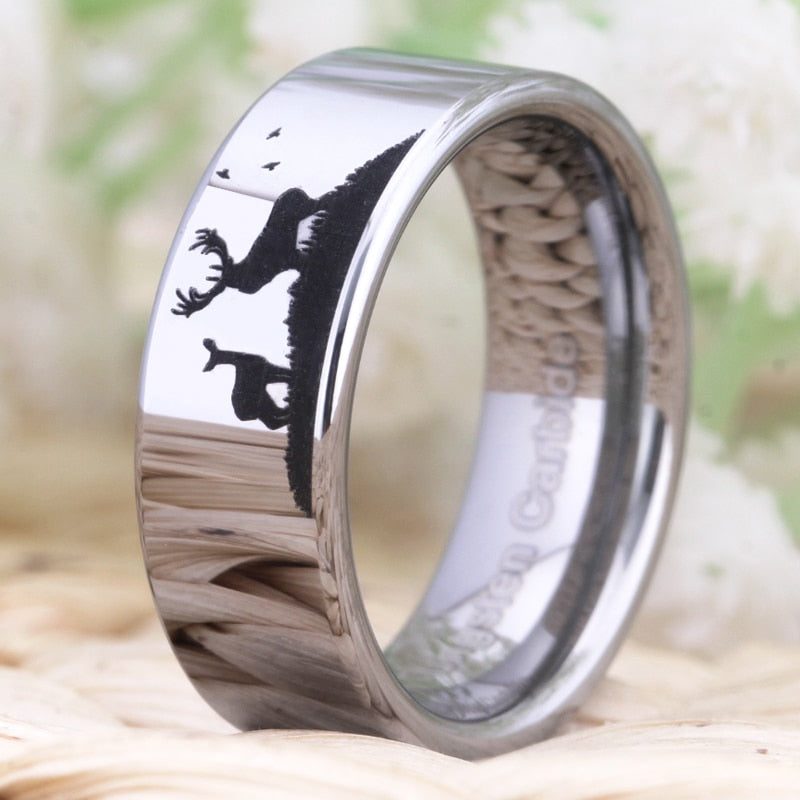 Deer Scene Design Silver Wedding Band