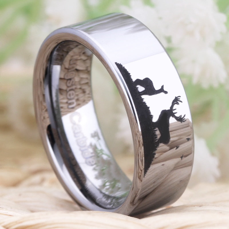 Deer Couple Scene Design Silver Wedding Band
