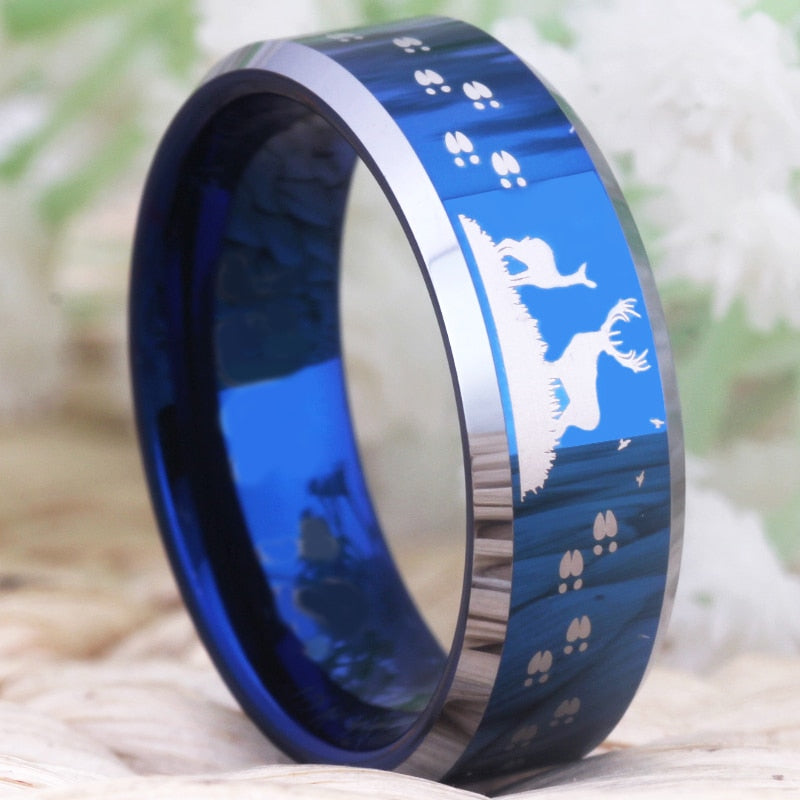 Deer Scene Design Blue Wedding Band with Silver Edges
