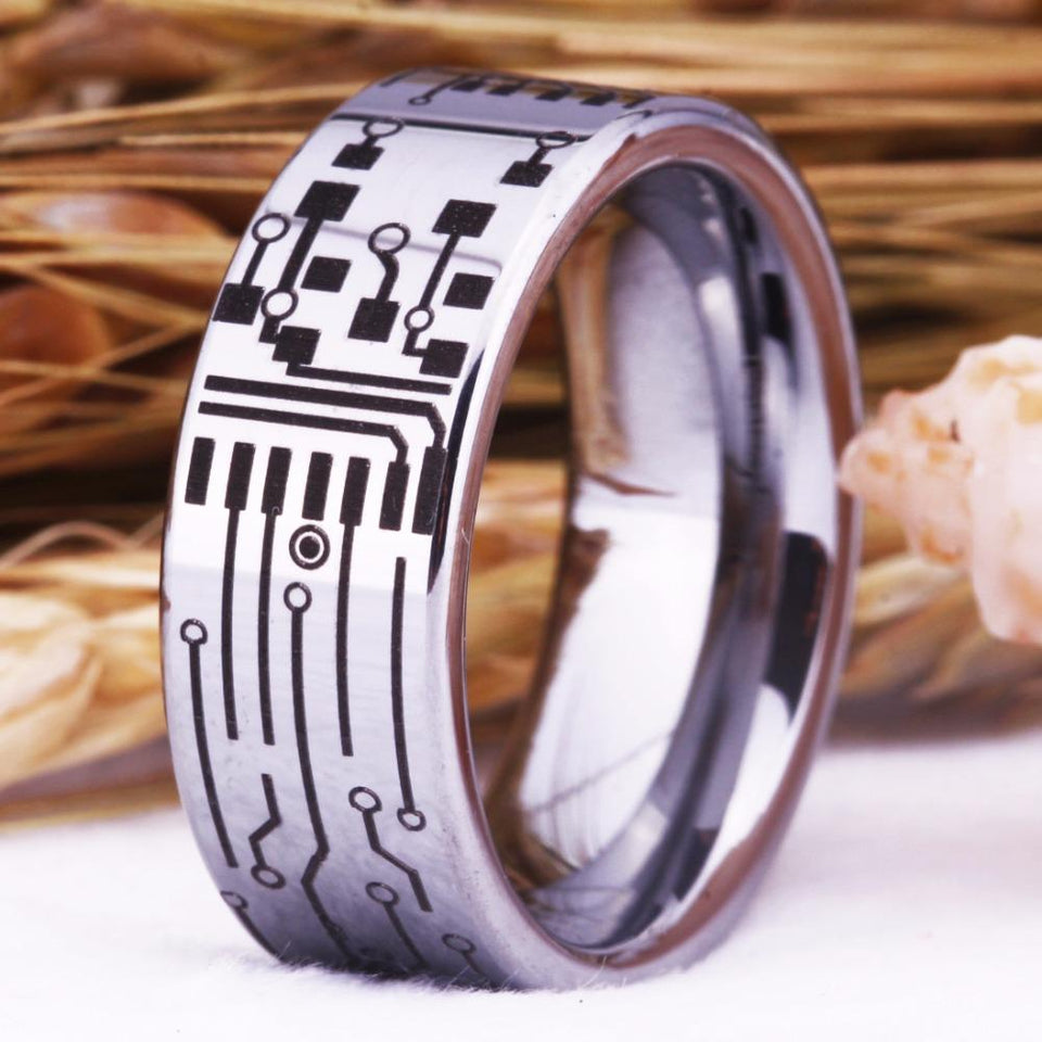 Silver Circuit Board Design Wedding Band