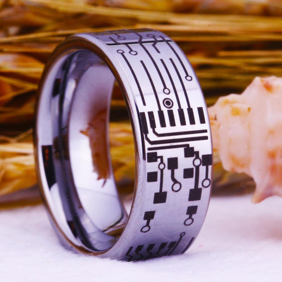 Silver Circuit Board Design Wedding Band