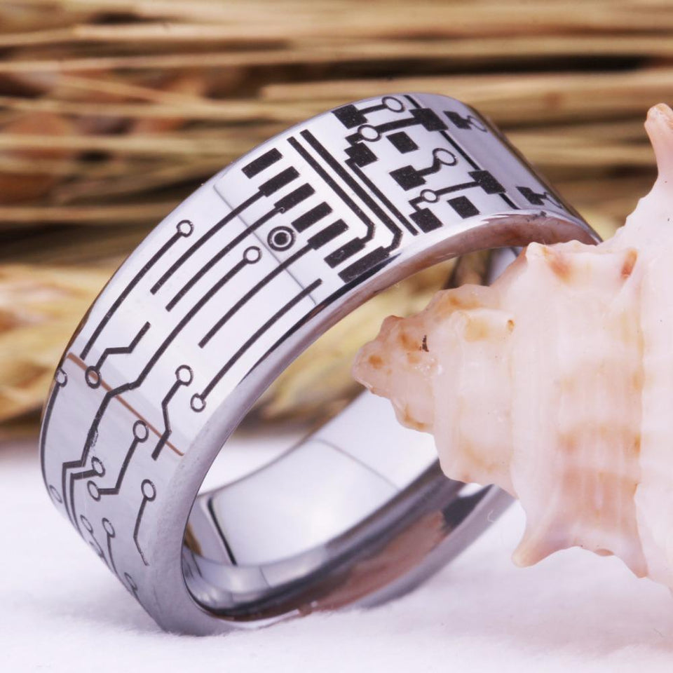 Silver Circuit Board Design Tungsten Ring