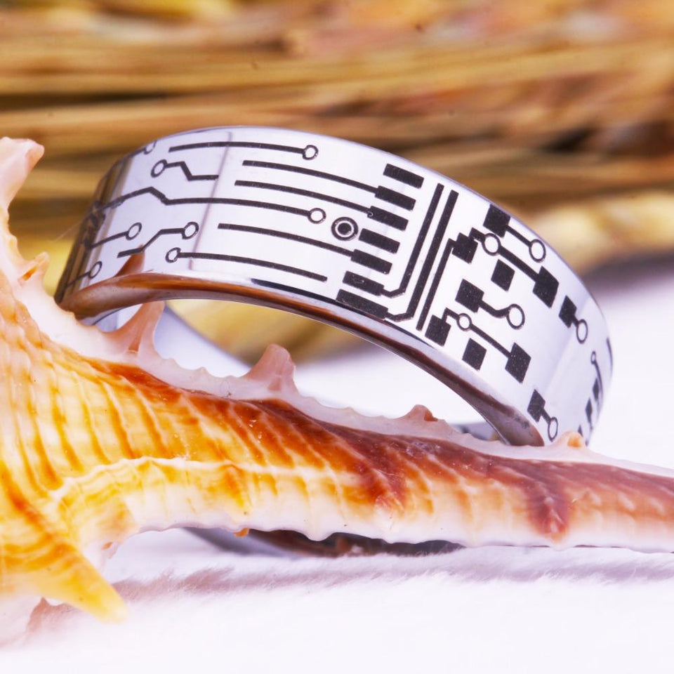 Silver Circuit Board Design Tungsten Ring in 8mm Width