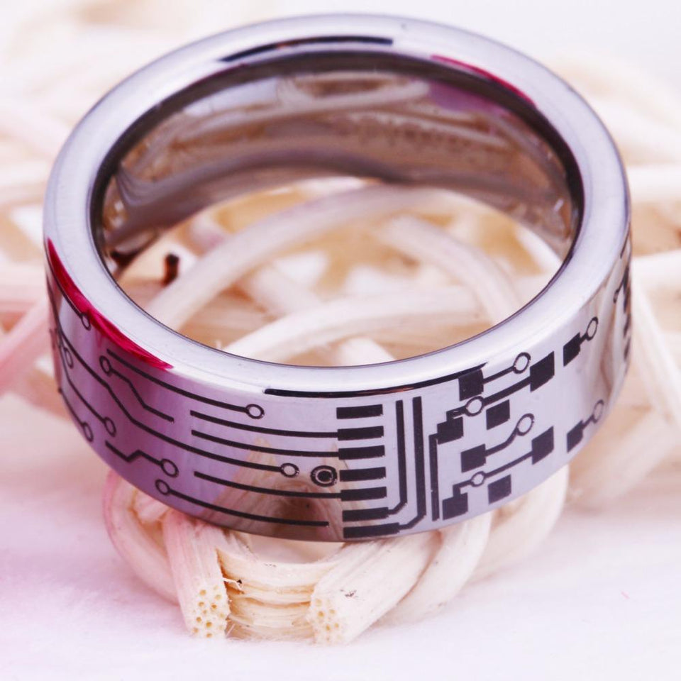 Silver Circuit Board Design Wedding Band in 8mm Width
