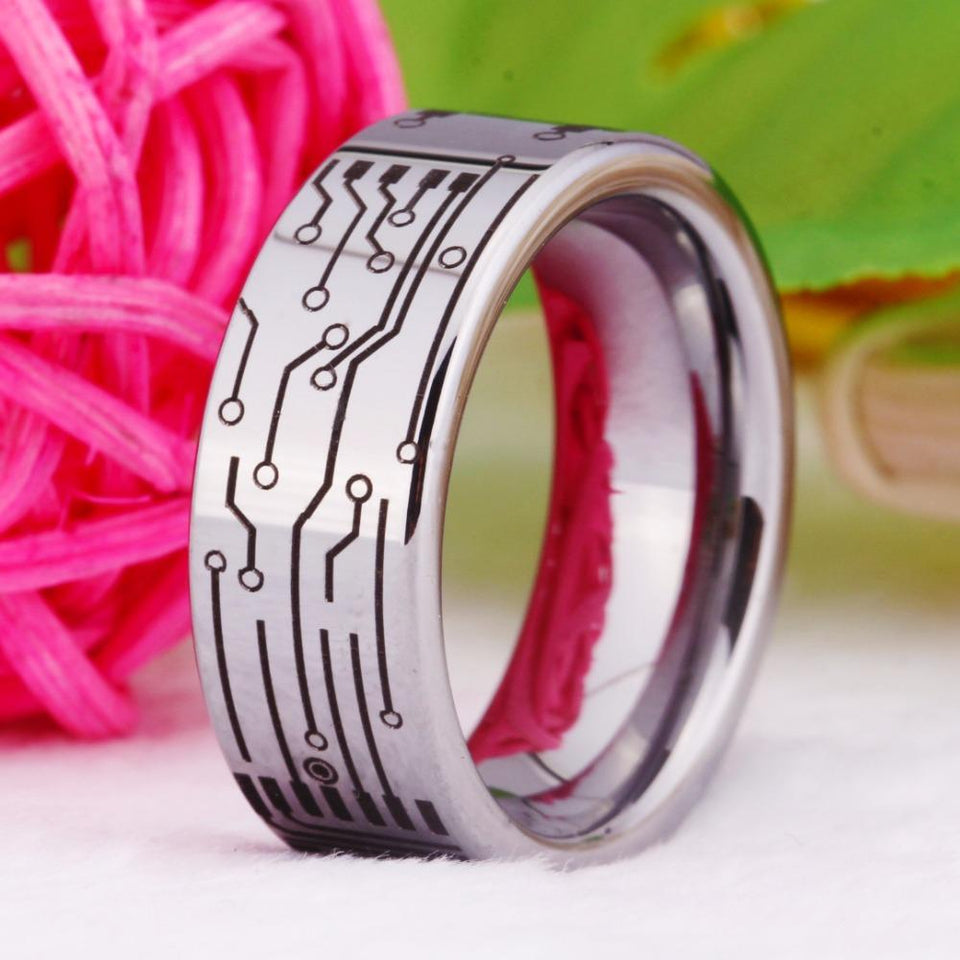 Silver Circuit Board Design Wedding Band