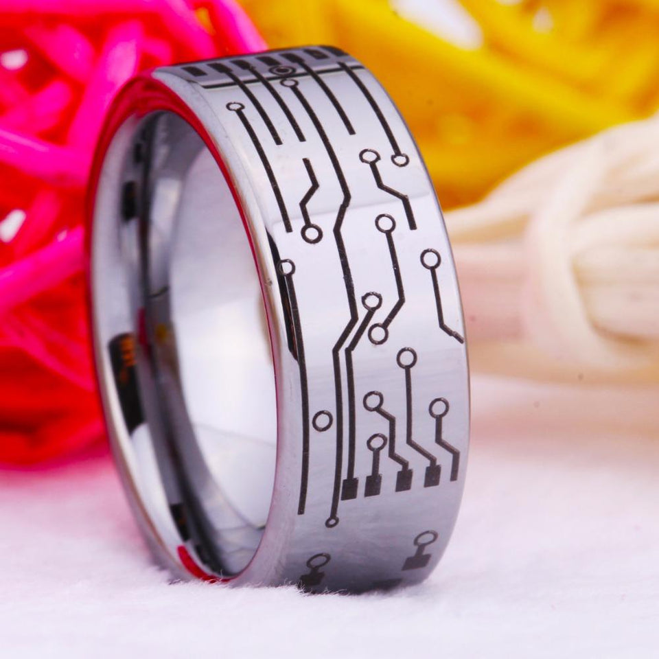 Silver Circuit Board Design Tungsten Ring