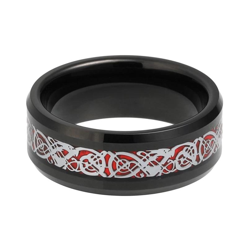 Black Celtic Dragon Wedding Band with Red Carbon Fiber Inlay