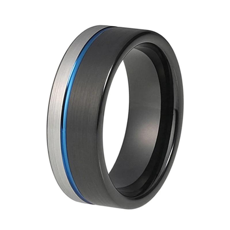 Black Tungsten Ring with Blue Line and Grooved Offset Silver Finish
