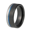 Black Tungsten Ring with Blue Line and Grooved Offset Silver Finish