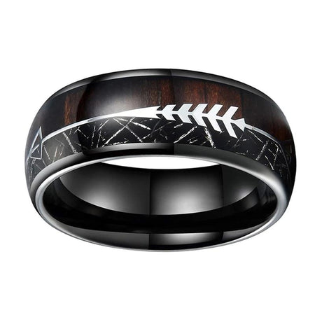 Black Tungsten Ring with Wood and Black Meteorite Inlay in Arrow Design for Men and Women