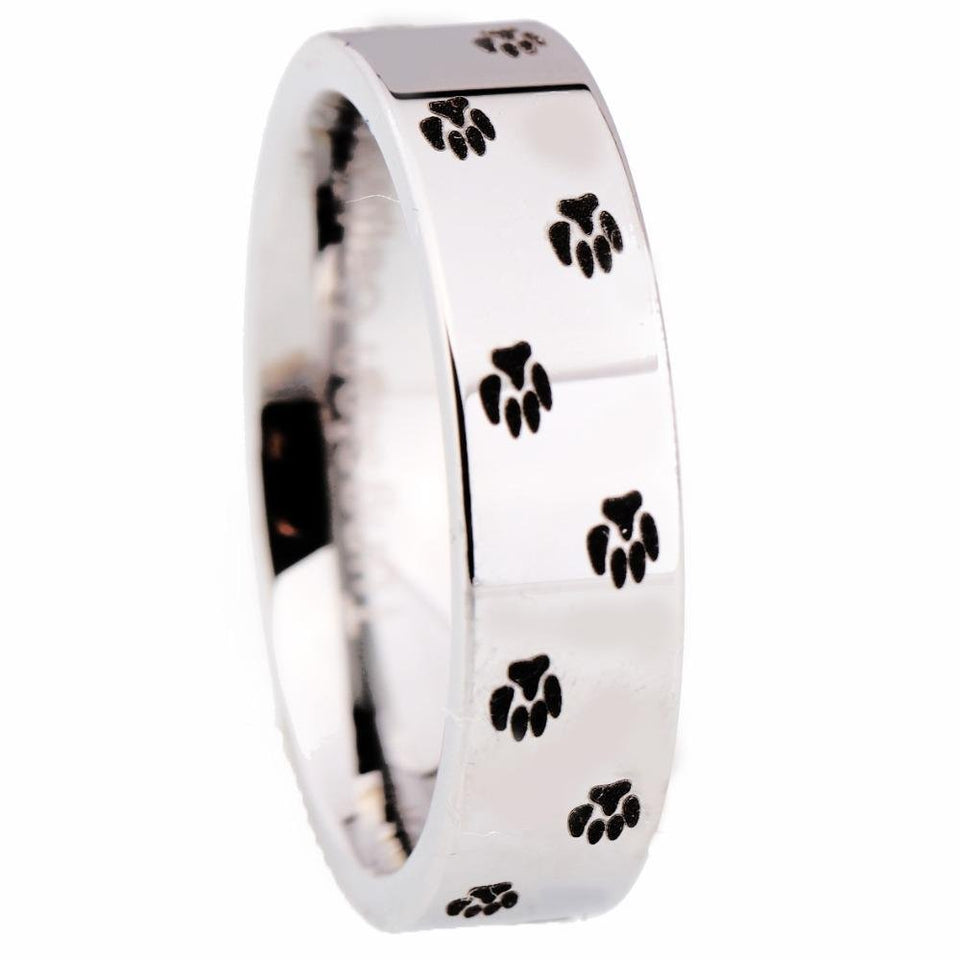 Dog Foot Paw Design Silver Tungsten Ring in 8mm Width