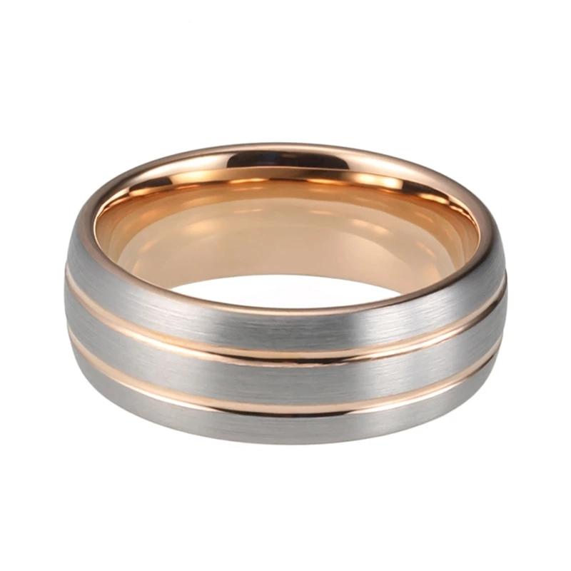 Rose Gold Wedding Band with Double Grooves and Silver Brushed Finish