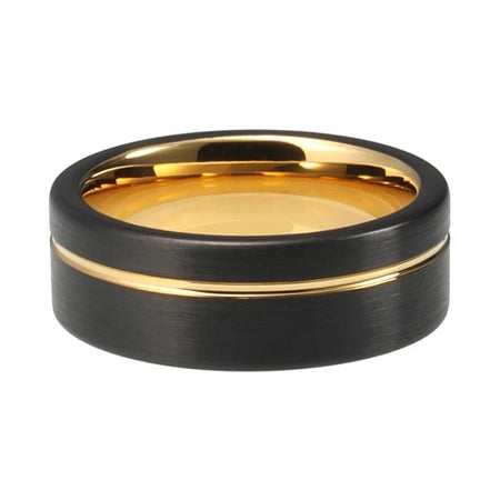 Black Tungsten Ring with Yellow Gold Plated Finish and Offset Groove for Men and Women