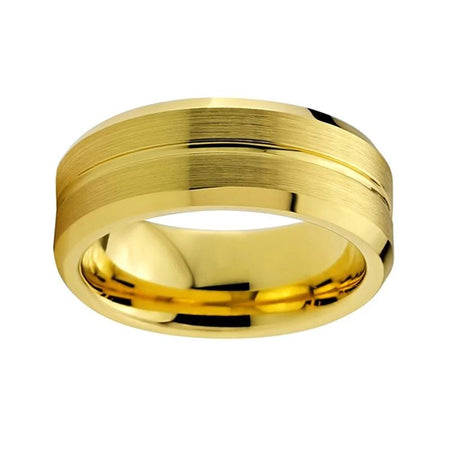 Yellow Gold Tungsten Ring with Center Grooved Brushed Finish and Bevel Edges