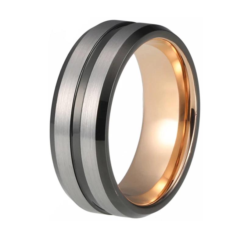 Rose Gold Tungsten Ring with Black Grooved Center and Brushed Silver Finish
