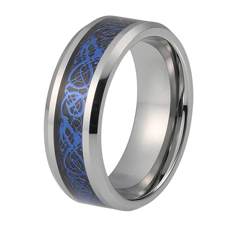 Silver Celtic Dragon Tungsten Ring with Blue Carbon Fiber Inlay