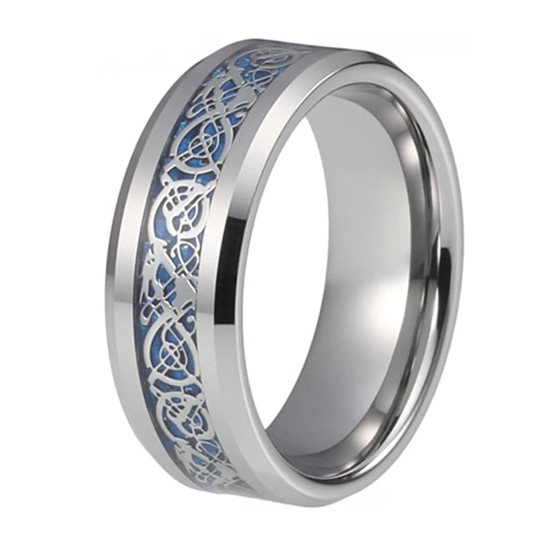 Silver Celtic Dragon Tungsten Ring with Blue Carbon Fiber Inlay