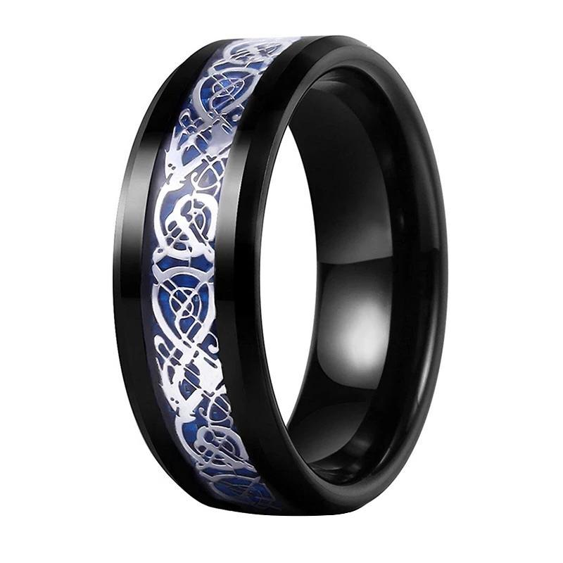 Black Celtic Dragon Tungsten Ring with Blue Carbon Fiber Inlay