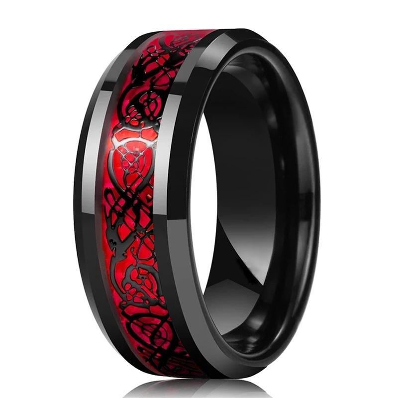 Black Celtic Dragon Tungsten Ring with Red Carbon Fiber Inlay
