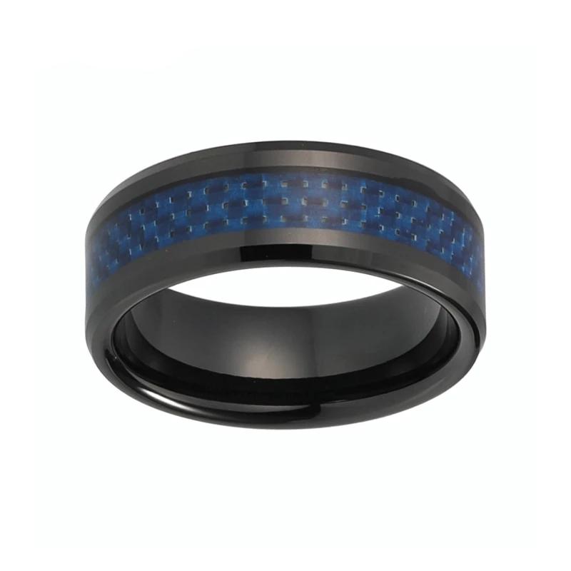 Black Wedding Band with Blue Carbon Fiber Inlay