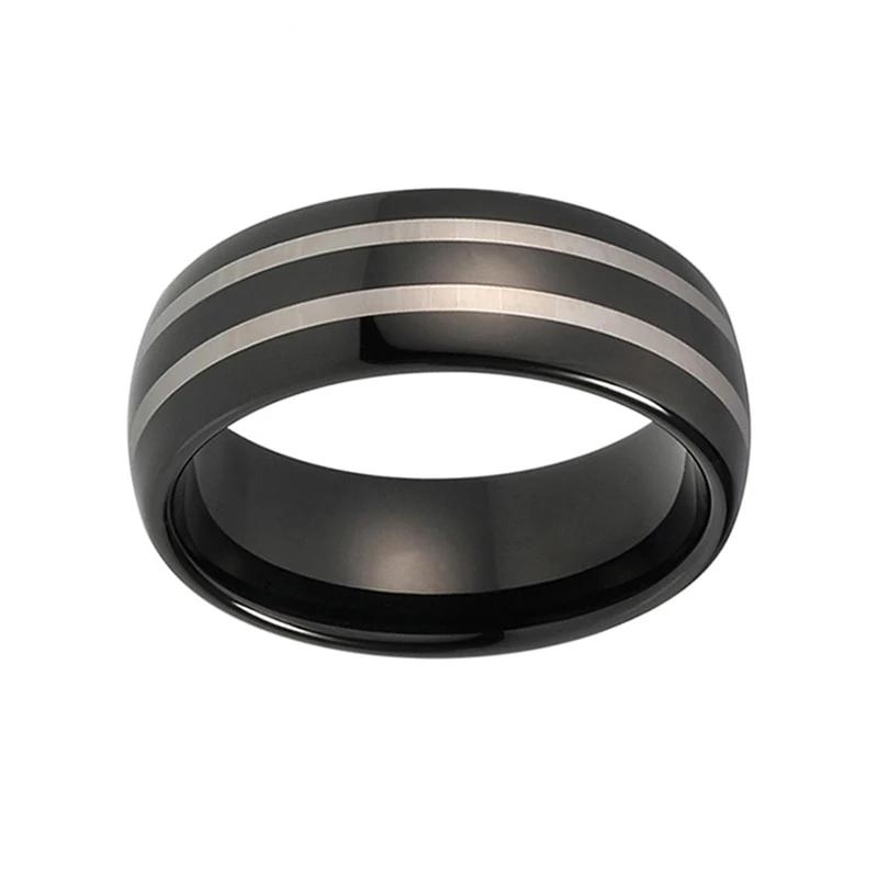 Black Wedding Band with Silver Polished Lines