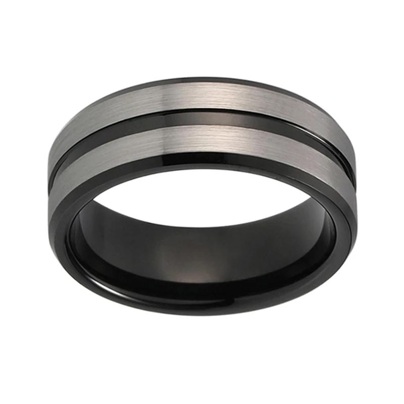 Black Wedding Band with Grooved Silver Matte Finish