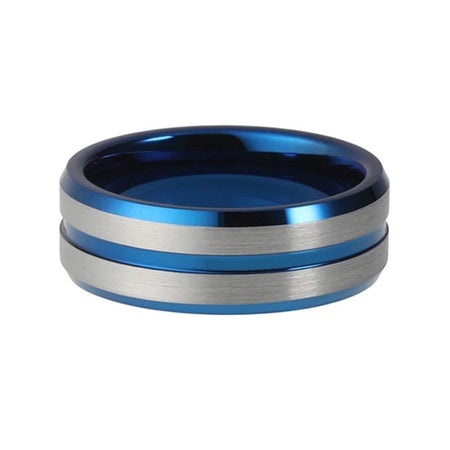 Blue Tungsten Ring with Matte Finish and Double Grooved Silver Plating for Men and Women